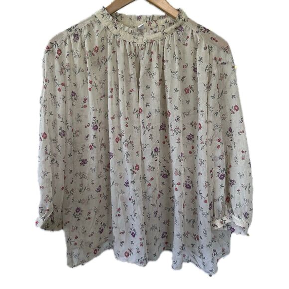 Uniqlo Joy Of Print Sheer Floral High Neck Ruffle Quarter Sleeve Chiffon Blouse - Picture 1 of 6